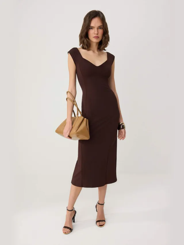 Trendyol TRENDYOLMİLLA Dames Bruin Effen Midi Mouwloos Bodycon Jurken