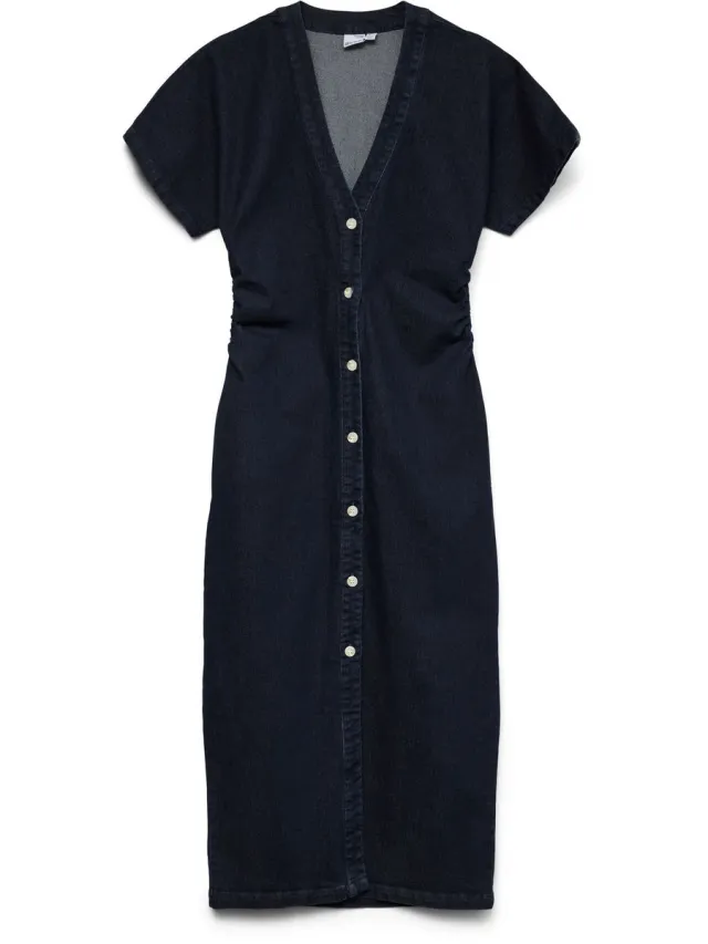 Vero Moda VMSANNI SS V-NECK ANK DNM DRESS YO3103 - Dames - Maxi jurken Dark Blue Denim