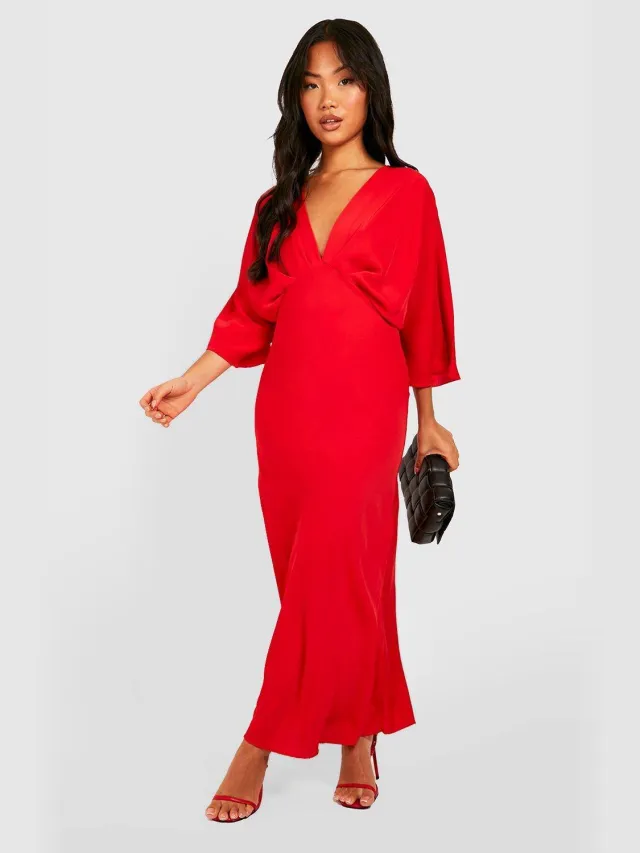 boohoo Dames Petite Schuine Snit Maxi Jurk met Engelenmouwen Rood