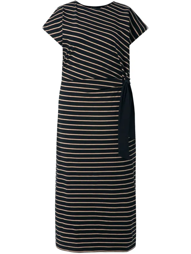 Ulla Popken Dames - Maxi-jurk strepen slim ronde hals korte mouw - Zwart - Maat 46+