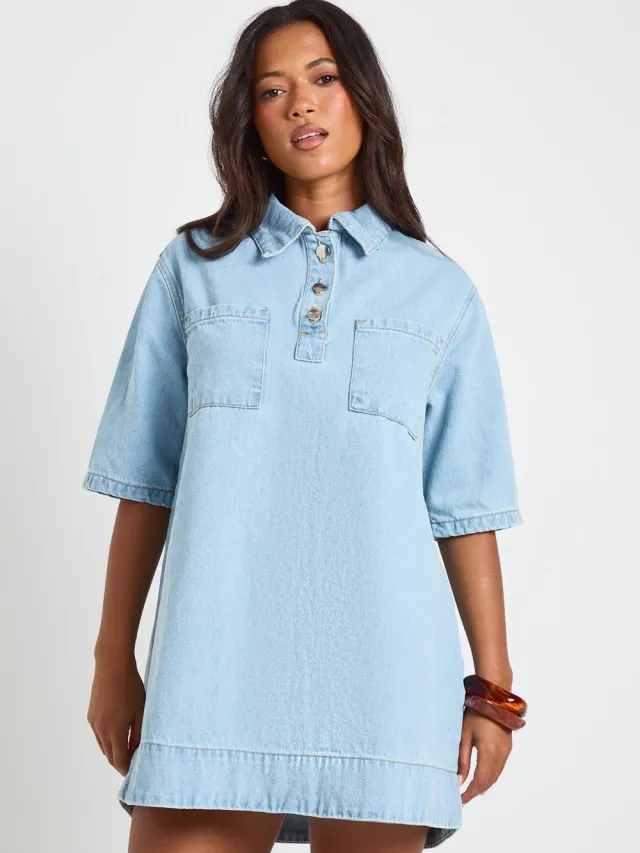 boohoo Dames Denim Jurk Met Korte Mouwen Gebleekt Blauw