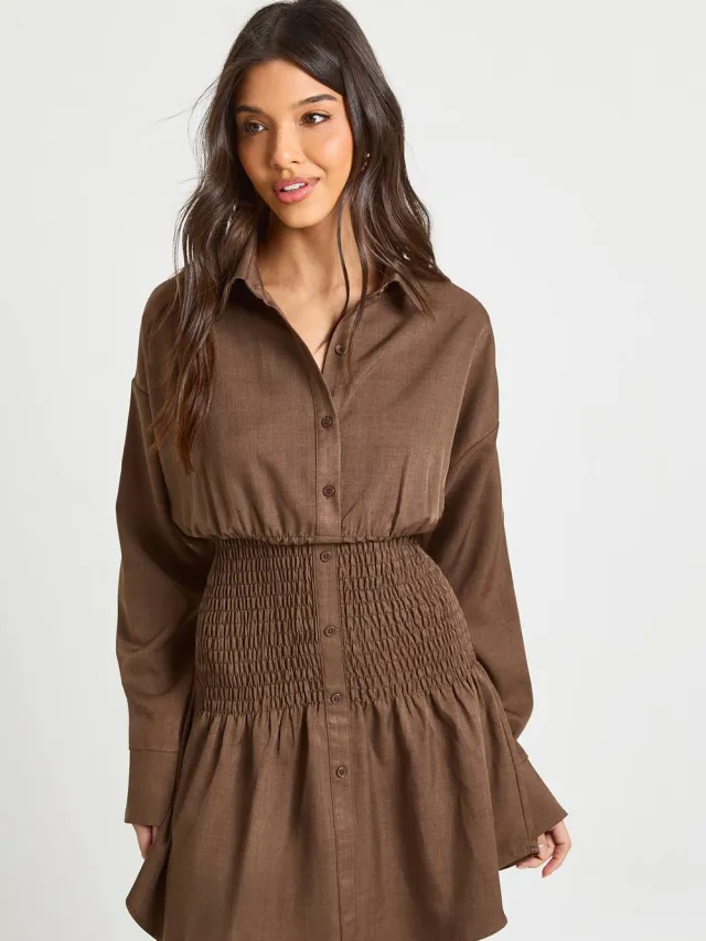 boohoo Dames Geraffelde taille overhemdjurk chocoladebruin, foto 2