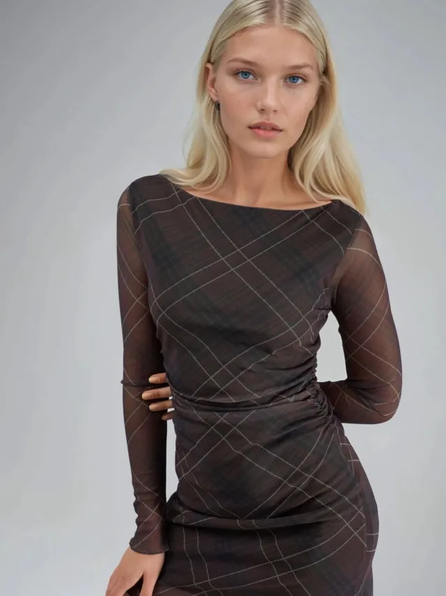 Busem Geruite Tulle Mini-jurk Bruin