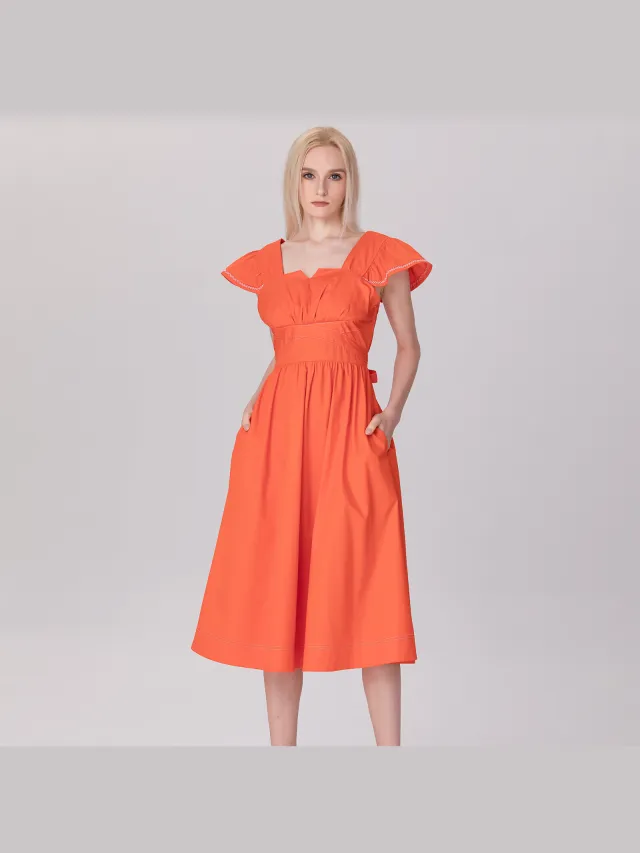 Smart & Joy Jurk met ruches en vierkante decolleté Oranje
