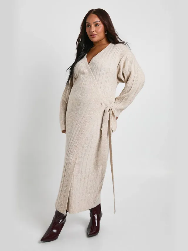 boohoo Dames Plus Lichtgewicht Mixed Rib Wrap Jurk Taupe