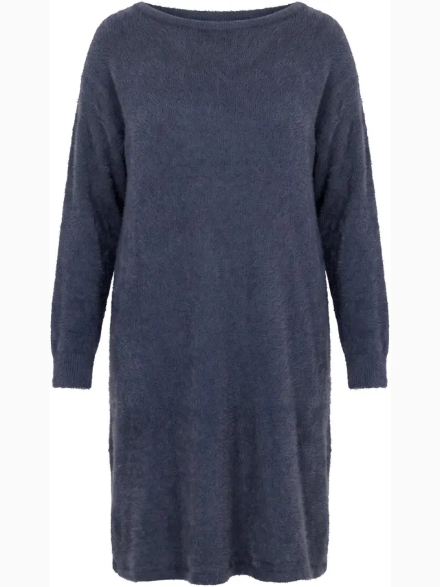 MIAMODA Dames - Gebreide midi-jurk loose fit wijde U-boothals - Leisteen - Maat 46+