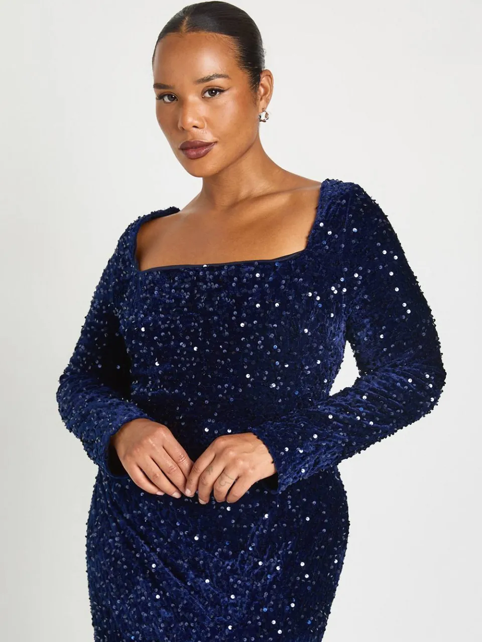 boohoo Dames Plus Vierkante Hals Lange Mouwen Jurk marineblauw, foto 3
