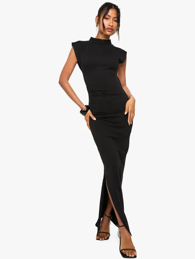 boohoo Dames Ruched High Neck Midaxi-jurk Zwart