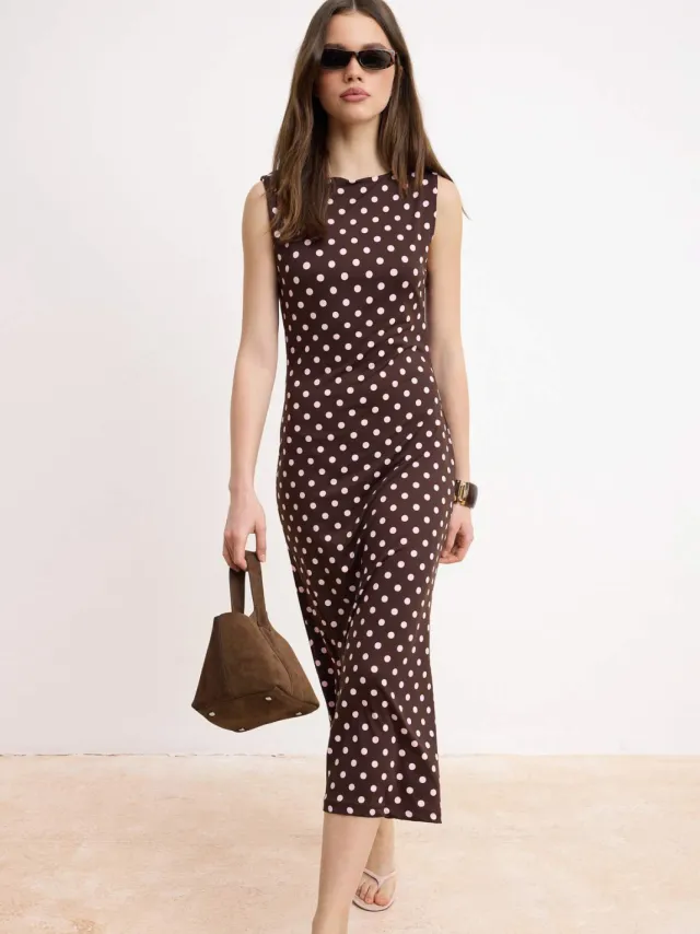 Trendyol TRENDYOLMİLLA Dames Bruin Stippen Midi Mouwloos Avond / Dagelijks Bodycon Jurken