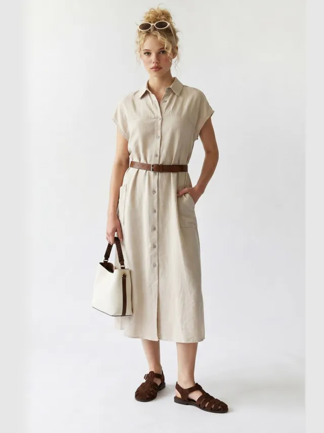 Mixray Geveste Midi Overhemdjurk Beige
