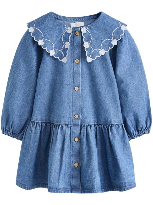 Next Meisjes - Zomerjurk met borduursels en lange mouwen - Blauw Blue Denim