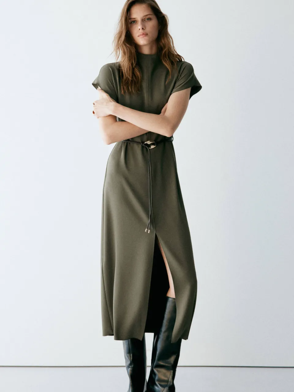 Mango midi jurk met ceintuur - kaki, foto 3