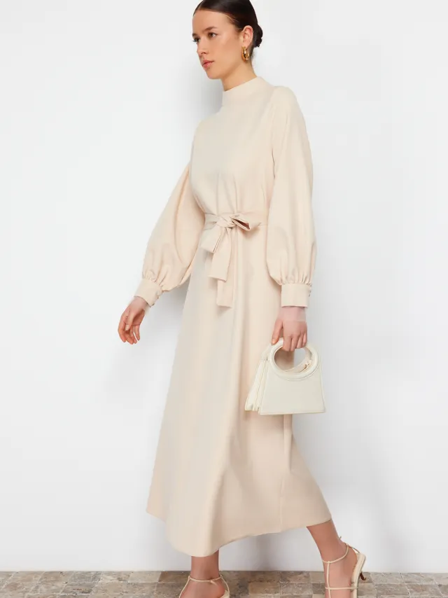Trendyol Modest Dames Ecru Effen Maxi Lang Casual A-lijn Modest Jurken