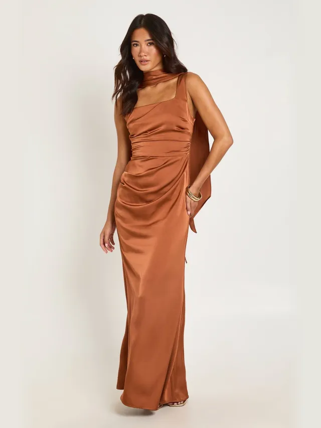 boohoo Dames Satijnen Maxi Jurk Met Corsetdetail En Halssjaal Spice