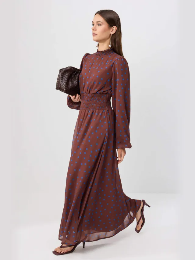Trendyol Modest Dames Bruin Stippen Maxi Lang Skater Modest Jurken