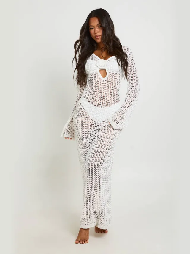 boohoo Dames Strand Gehaakte Corsage Strikrug Maxi Jurk Ecru