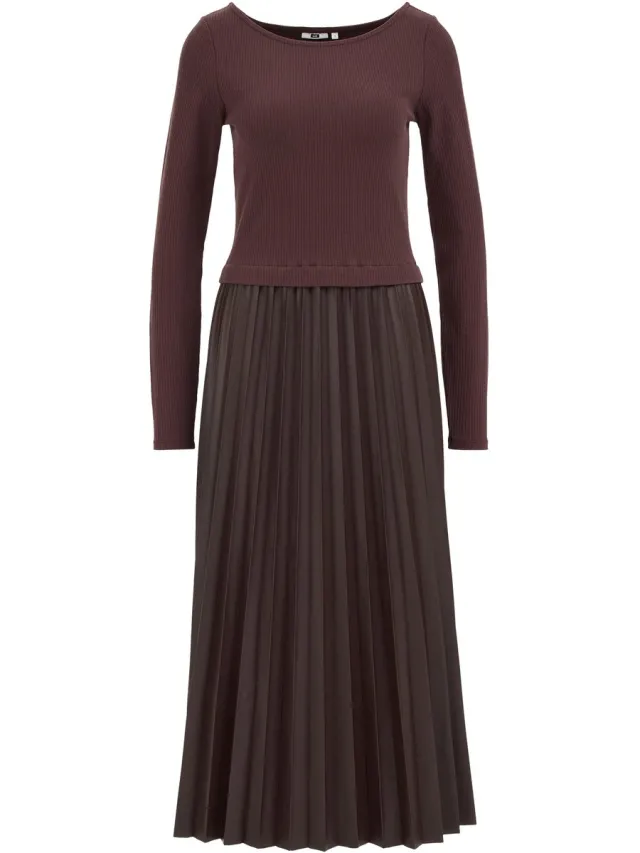 WE Fashion Dames jersey midi plissé jurk met imitatieleer Cinnamon brown