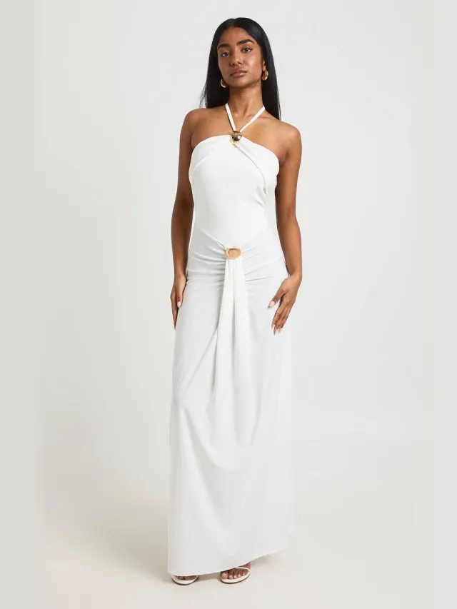 boohoo Dames Glanzende Maxi-jurk Met Gouden Details, Halternek En Geplooid Front Ivoor