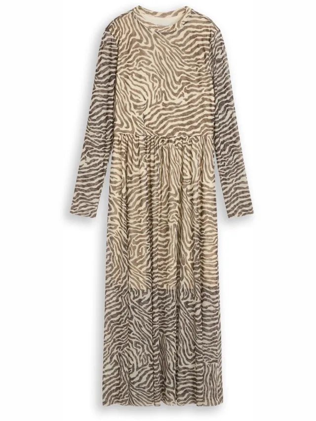 Tom Tailor Denim - Getailleerde midi-jurk van mesh met dierenprint - brown beige zebra print