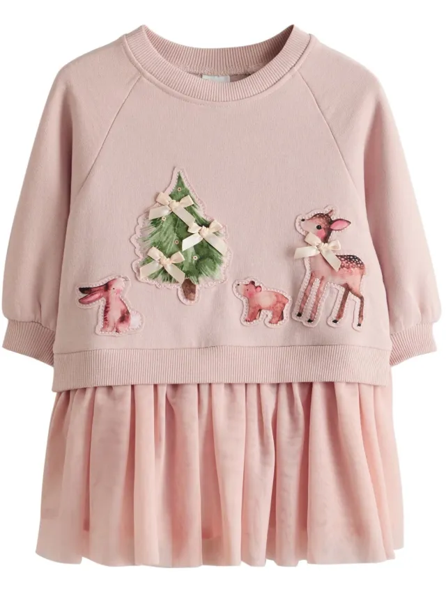 Next Meisjes - Sweaterjurk met mesh en lange mouwen - Roze Pink Christmas