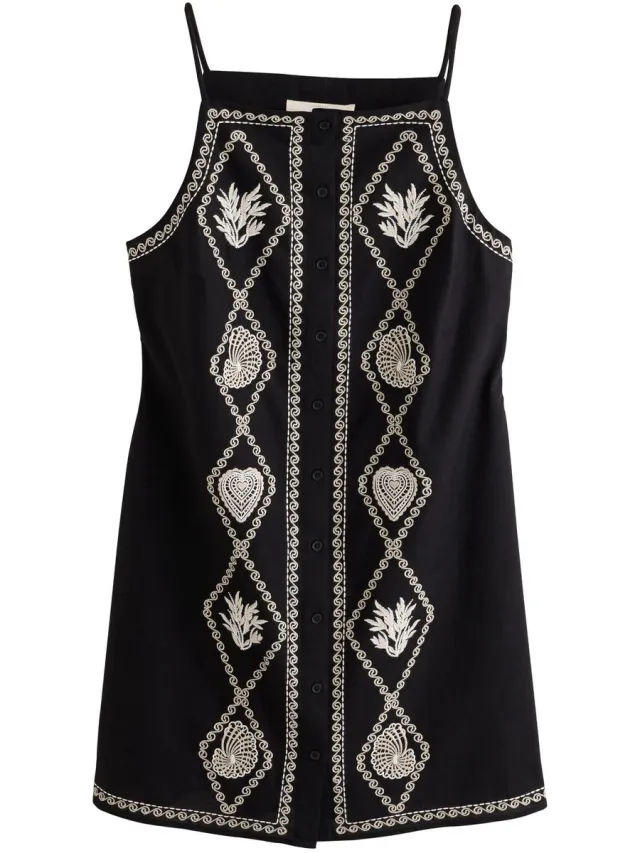 Next Dames - Geborduurde mini-shiftjurk met linnen - Tall - Zwart Black/Natural