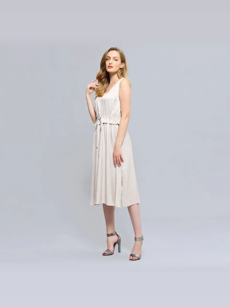 Smart & Joy V-hals verstelbare taille midi-jurk crème, foto 2