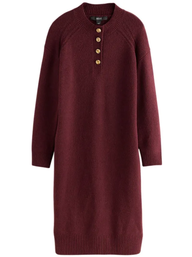 Next Dames - Superzachte gebreide jurk met lange mouwen en ronde hals - Rood Burgundy Red