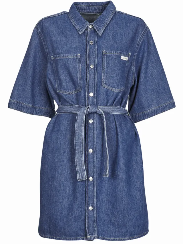 Calvin Klein Korte Jurk Calvin Klein Jeans LINEN BOXY BELTED SHIRT DRESS Marine
