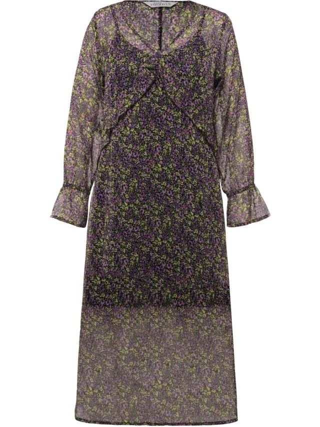 Studio Untold Dames - Maxi jurk A-lijn chiffon minimalistische bloemen V-hals - Lavendel - Maat 46+