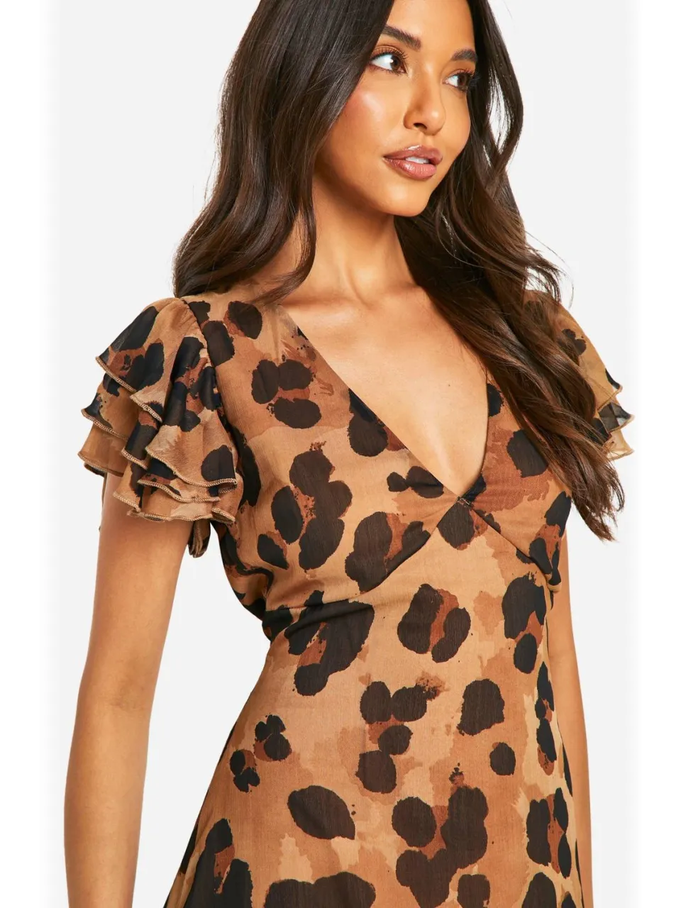 boohoo Dames Luipaard Crinkle Chiffon Engelenmouw Maxi Jurk bruin, foto 3
