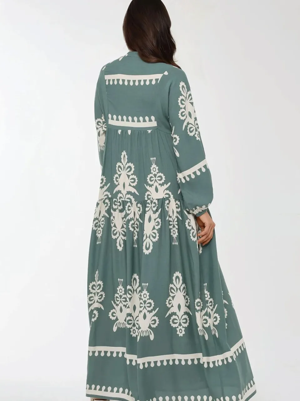 Hiccup Geprinte Lange Mouwen Viscose Maxi Jurk saliegroen, foto 2