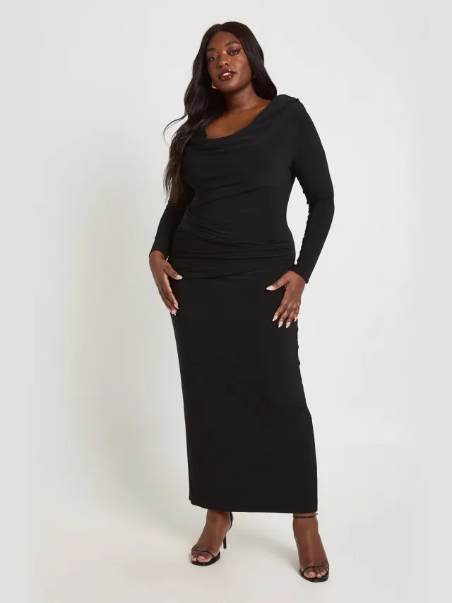 boohoo Dames Plus Slinky Bardot Kolom Maxi Jurk Zwart