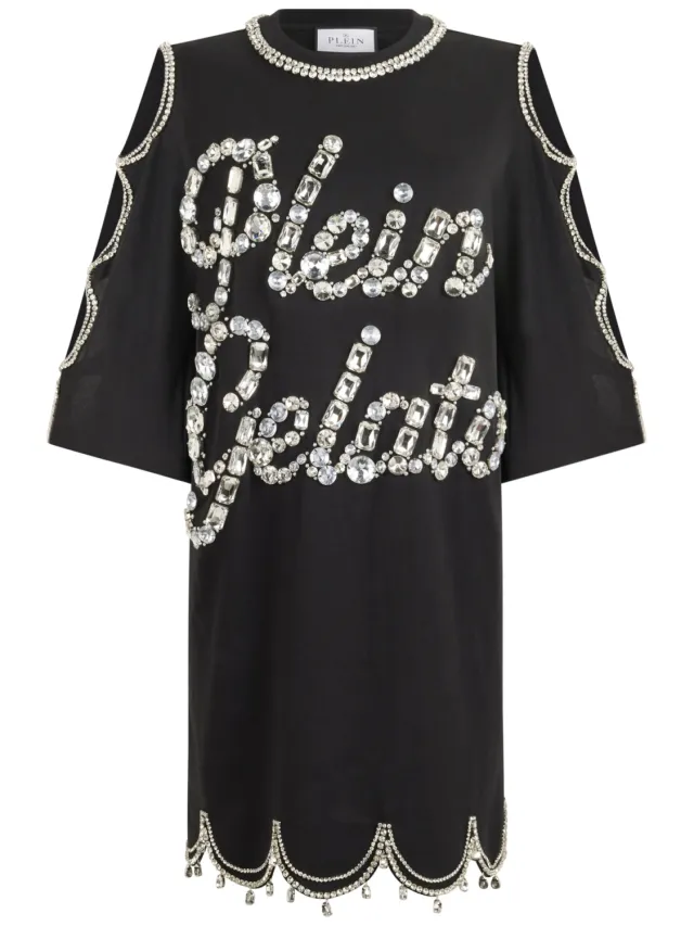 Philipp Plein Mini T-Shirt Dress Crystal Waves zwart, foto 2