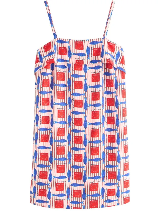 Next Dames - Petite minizomerjurk met omslagen en smalle bandjes - Petite - Wit Red Fish Print