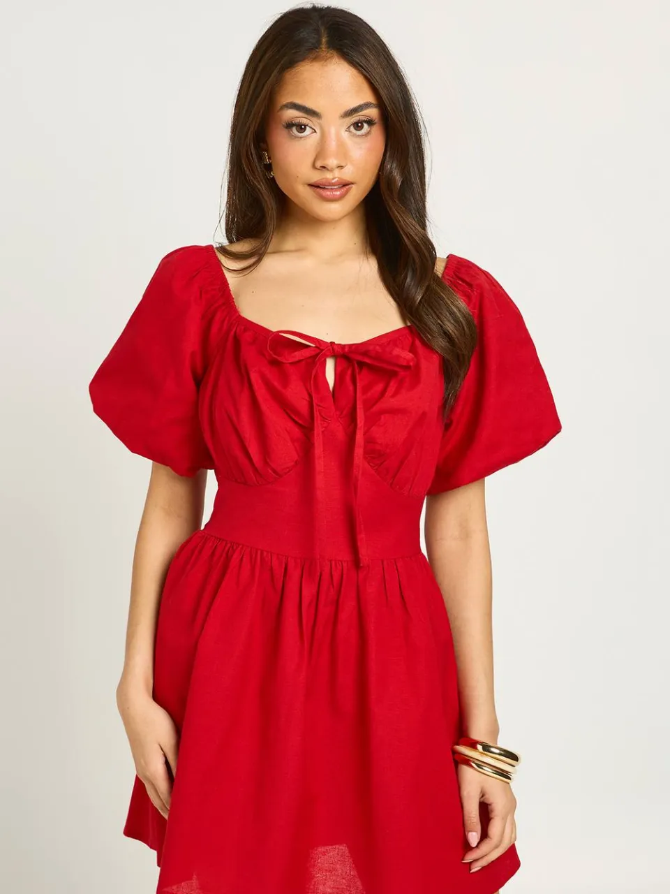 boohoo Dames Linnen-look Mini Jurk Met Volumineuze Mouwen rood, foto 2