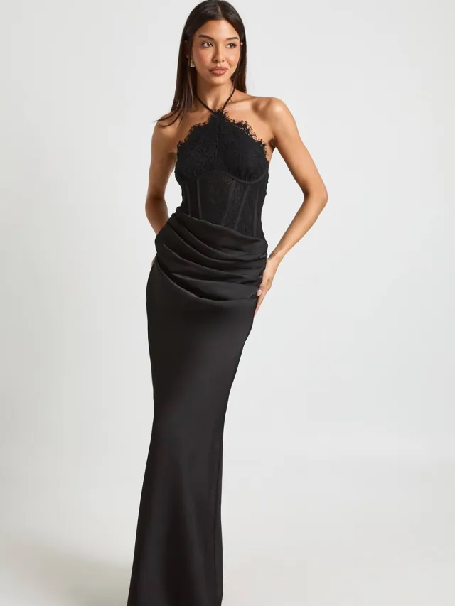 boohoo Dames Halter Kanten Korset Drape Rok Maxi Jurk Zwart