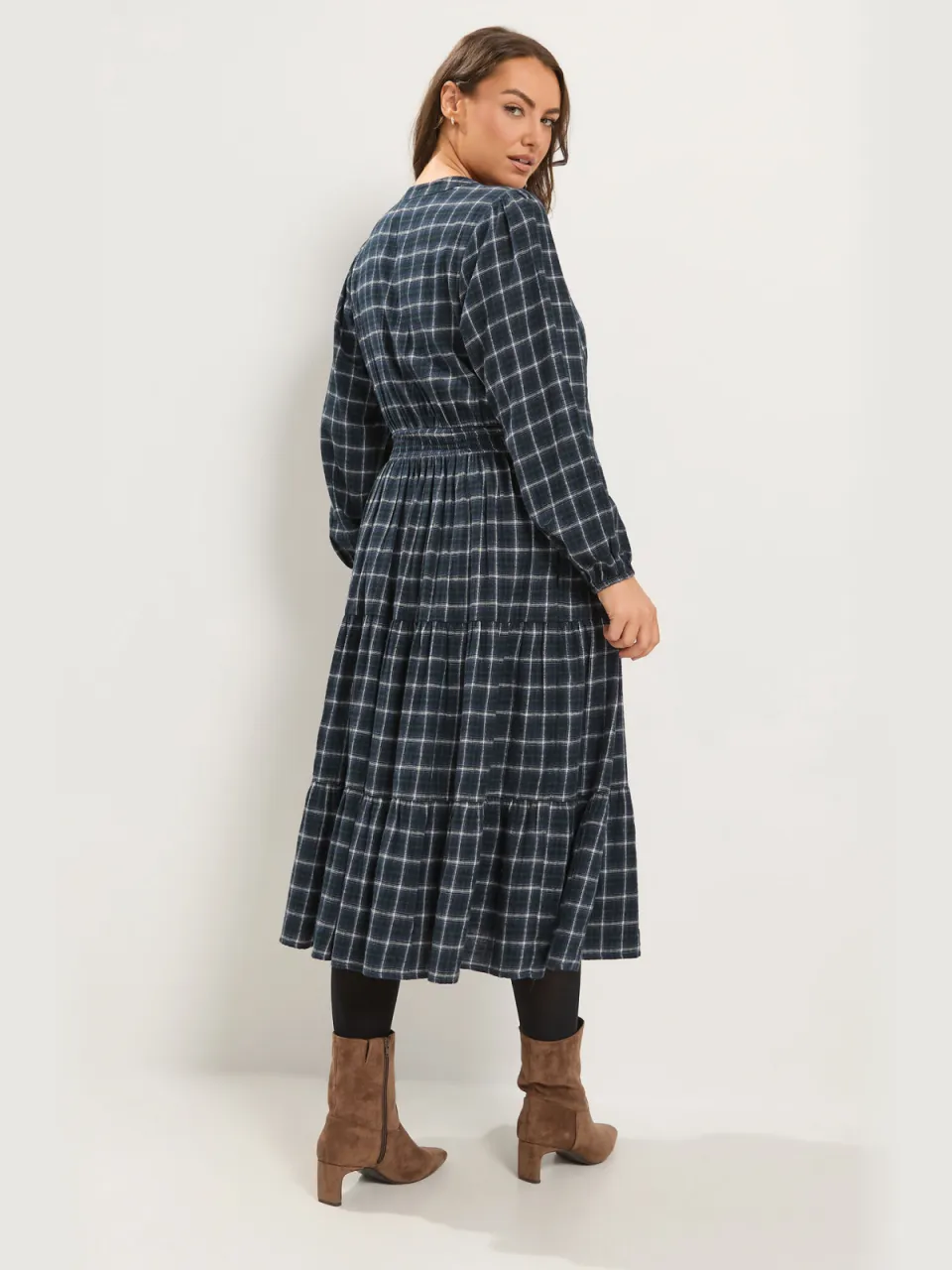 Yours Marineblauwe Geruite Midijurk Met Smokwerk, foto 2