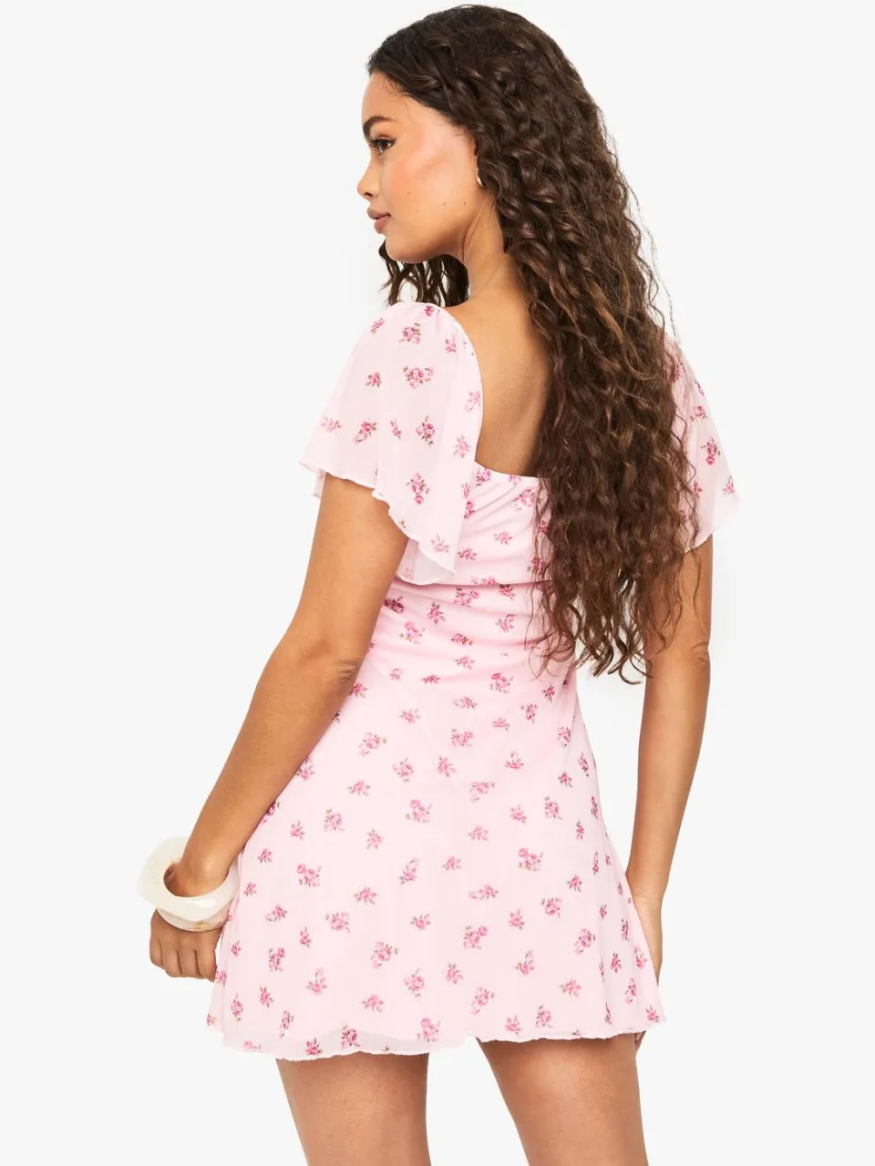boohoo Dames Ditsy Floral Mesh Mini-jurk met Engelachtige Mouwen en Strik aan de Voorkant lichtroze, foto 2
