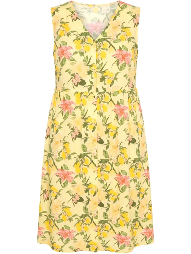 MIAMODA Dames - Midi-jurk mouwloze A-lijn citroenmotief - Sorbet geel