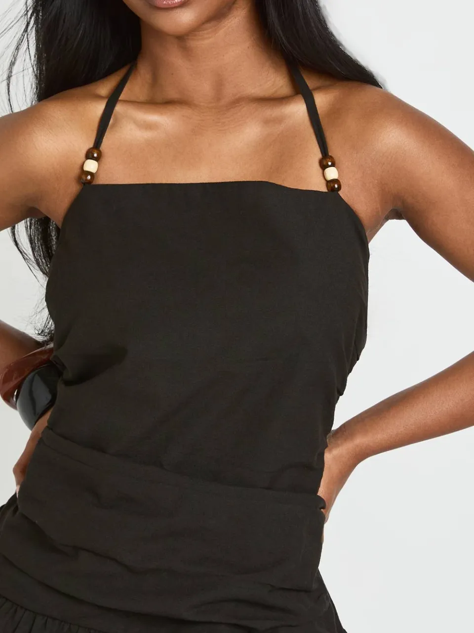 boohoo Dames Linnen Mini-jurk Met Kraaltjes En Verlaagde Taille zwart, foto 4