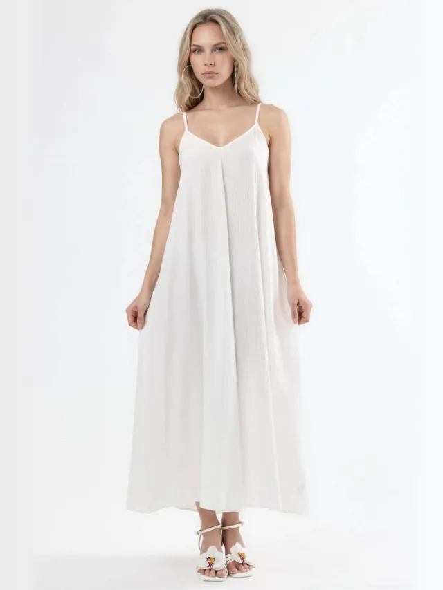 Busem V-hals Midi Slip Jurk Wit
