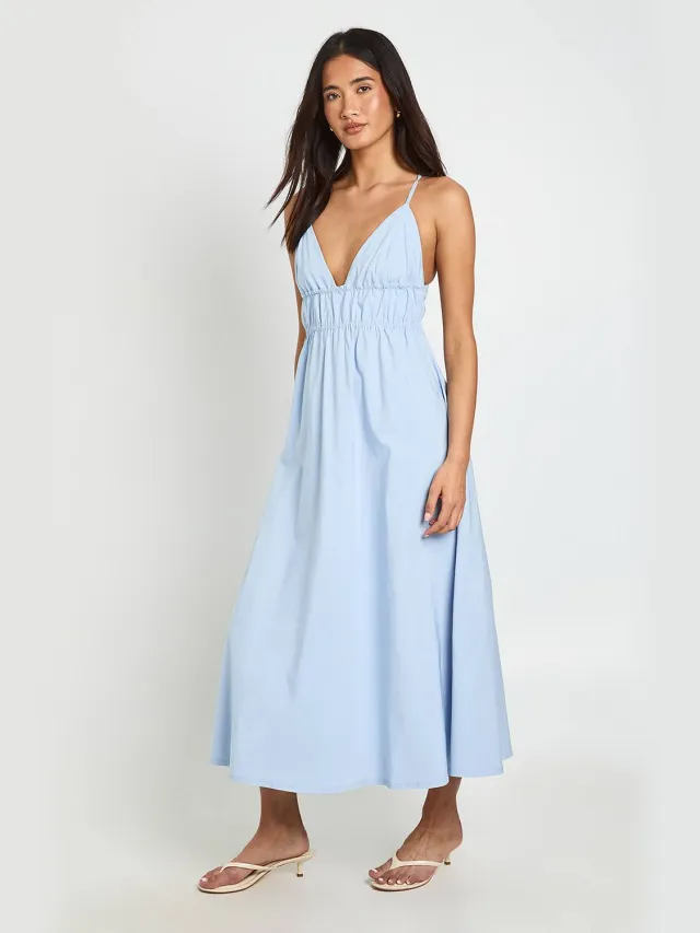 boohoo Dames Bengaline Midaxi Jurk Met Elastische Taille Detail En Gekruiste Bandjes Op De Rug Babyblauw