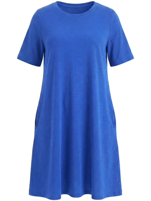 Ulla Popken Dames - Jersey jurk A-lijn ronde hals korte mouw zakken - Azuurblauw - Maat 46+
