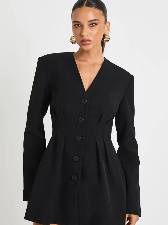 boohoo Dames Lange mouw kraagloze getailleerde mini-jurk Zwart
