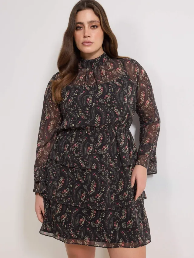 Trendyol Curve Dames Zwart Bloemen Kort / Mini Lang Feest A-lijn Grote maten Jurk