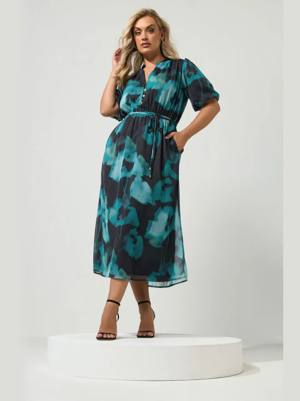 Yours London Curve Blauwgroene Jurk Met Wazige Bloemenprint En Pofmouwen, foto 2