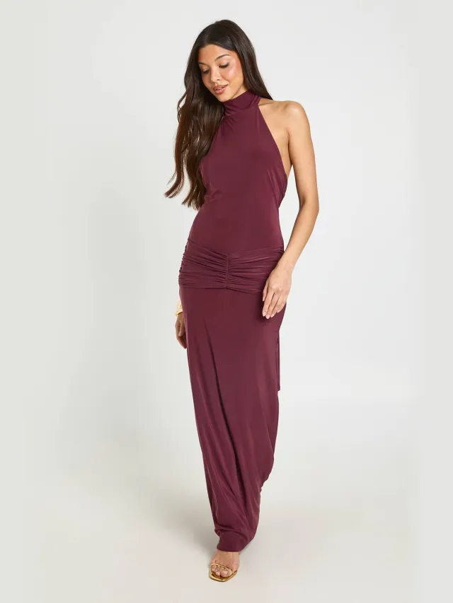 boohoo Dames Maxi Kolomjurk Met Hoge Hals, Sjaaldetail En Wikkeldetail In De Taille Pruim