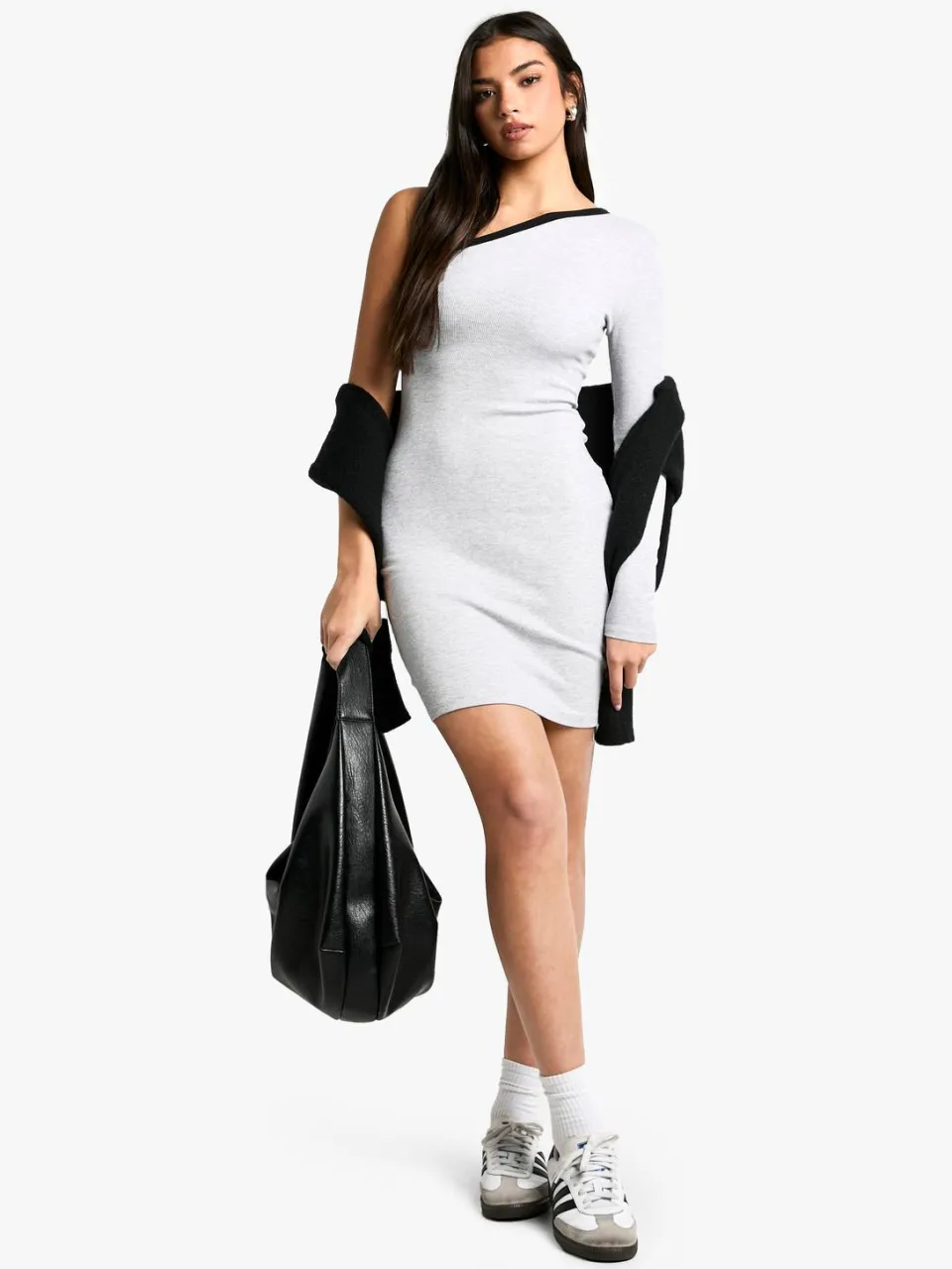 boohoo Dames Contrast Binding One Shoulder Mini Jurk grijze mergel, foto 2