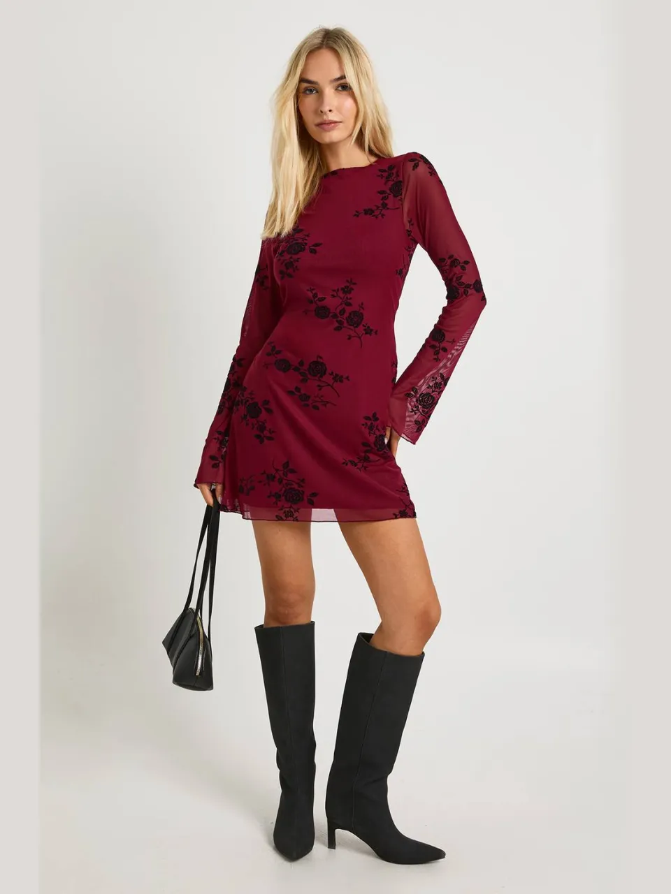 boohoo Dames Devore mini-jurk met uitlopende mouwen Wijn
