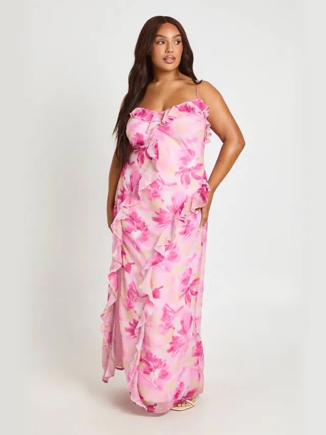 boohoo Dames Plus Bloemen Chiffon Bandjes Ruches Maxi Jurk Roze